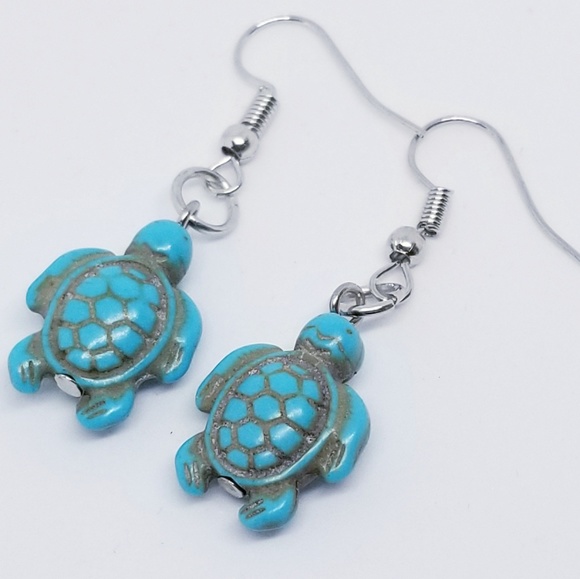 Hooked on Bling Jewelry - Turtle Turquoise bead Silver Plate Dangle Earrings